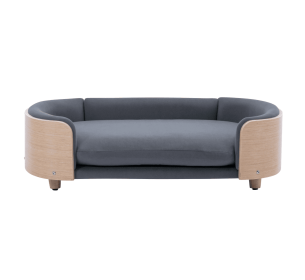An American-style elevated dog bed pet sofa featuring solid wood legs, a curved wooden backrest, and a deep gray velvet seat cushion. This large- (W794125953: W79460562)